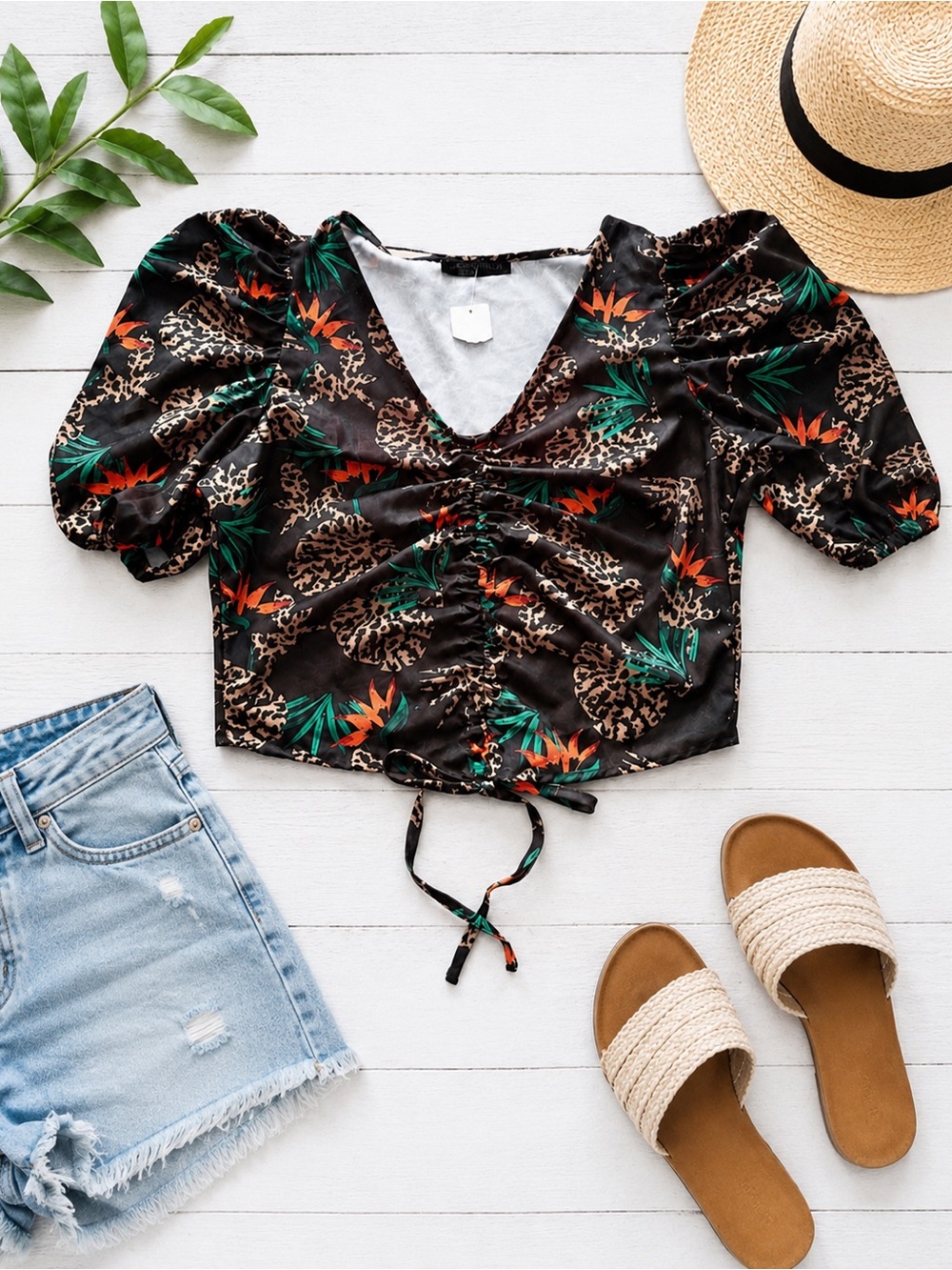 Romantic Ruched Puff-Sleeve Crop Top